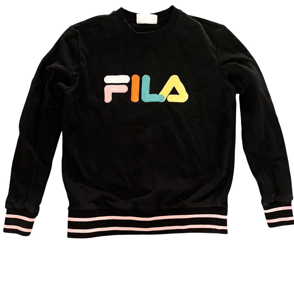 Fila Womens Black Sweatshirt Multi-Color Embroidered Logo Varsity Stripe Small